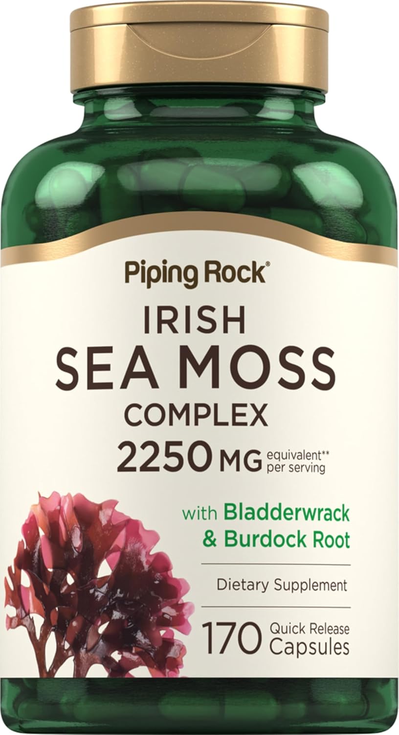 Piping Rock Irish Sea Moss Capsules | 170 Capsules | Complex with Bladderwrack & Burdock Root | Non-GM, Gluten-free Supplement - görsel 1