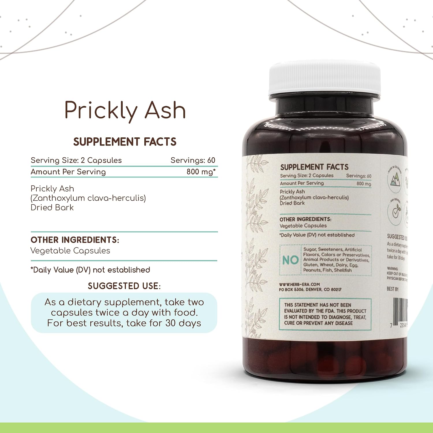HerbEra Prickly Ash 120 Capsules, 400 mg, Wildcrafted Zanthoxylum Clava-Herculis Dried Bark - görsel 3
