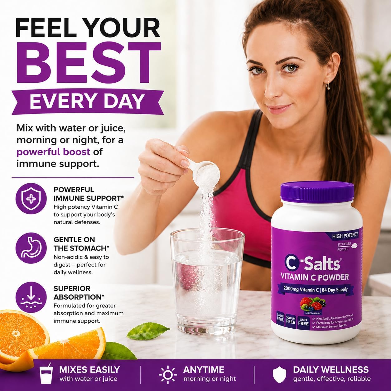 C-Salts Buffered Vitamin C Powder – Organic, Stomach-Friendly Vitamin C Drink – Mixed Berry, 227g (84 Servings) - görsel 4