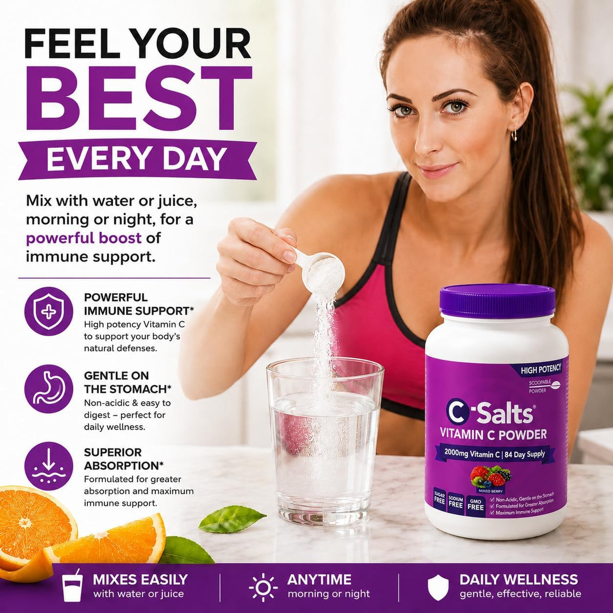 C-Salts Buffered Vitamin C Powder - Pure Organic, Stomach Friendly Ascorbic Acid - Mixed Berry, 227 g (84 Servings) - görsel 4