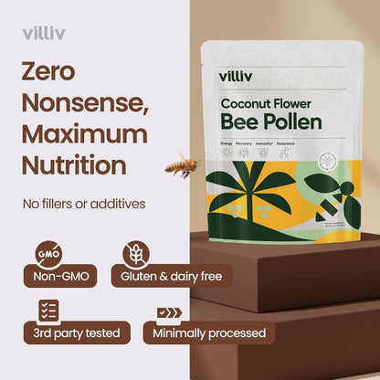 Villiv Coconut Flower Bee Pollen Granules - Superfood Antioxidant, Amino Acid, Protein Supplement for Women, Men, Dogs, Bearded Dragons - Natural Multivitamin - Non-GM, Paleo & Keto-Friendly - 147 g