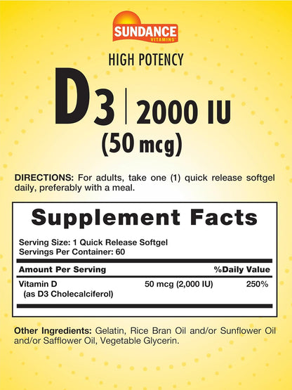 Sundance Vitamin D3 2000 IU – 60 Quick-Release Softgels, Non-GM & Gluten-Free Supplement
