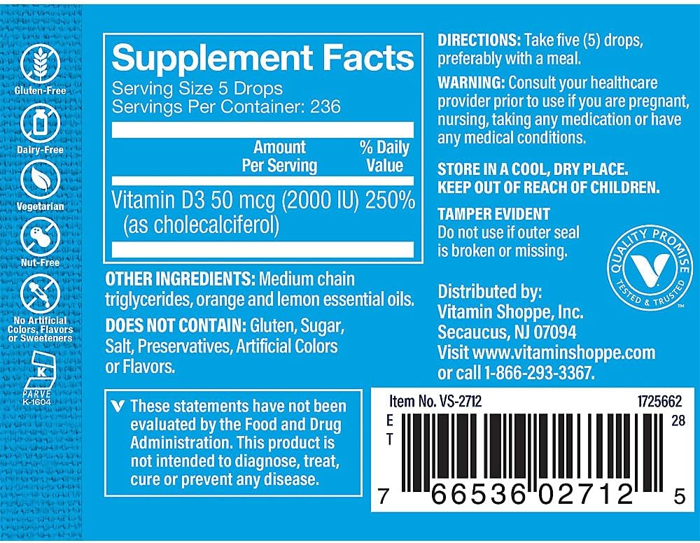 The Vitamin Shoppe Vitamin D3 Liquid 2000 IU Drops - görsel 2