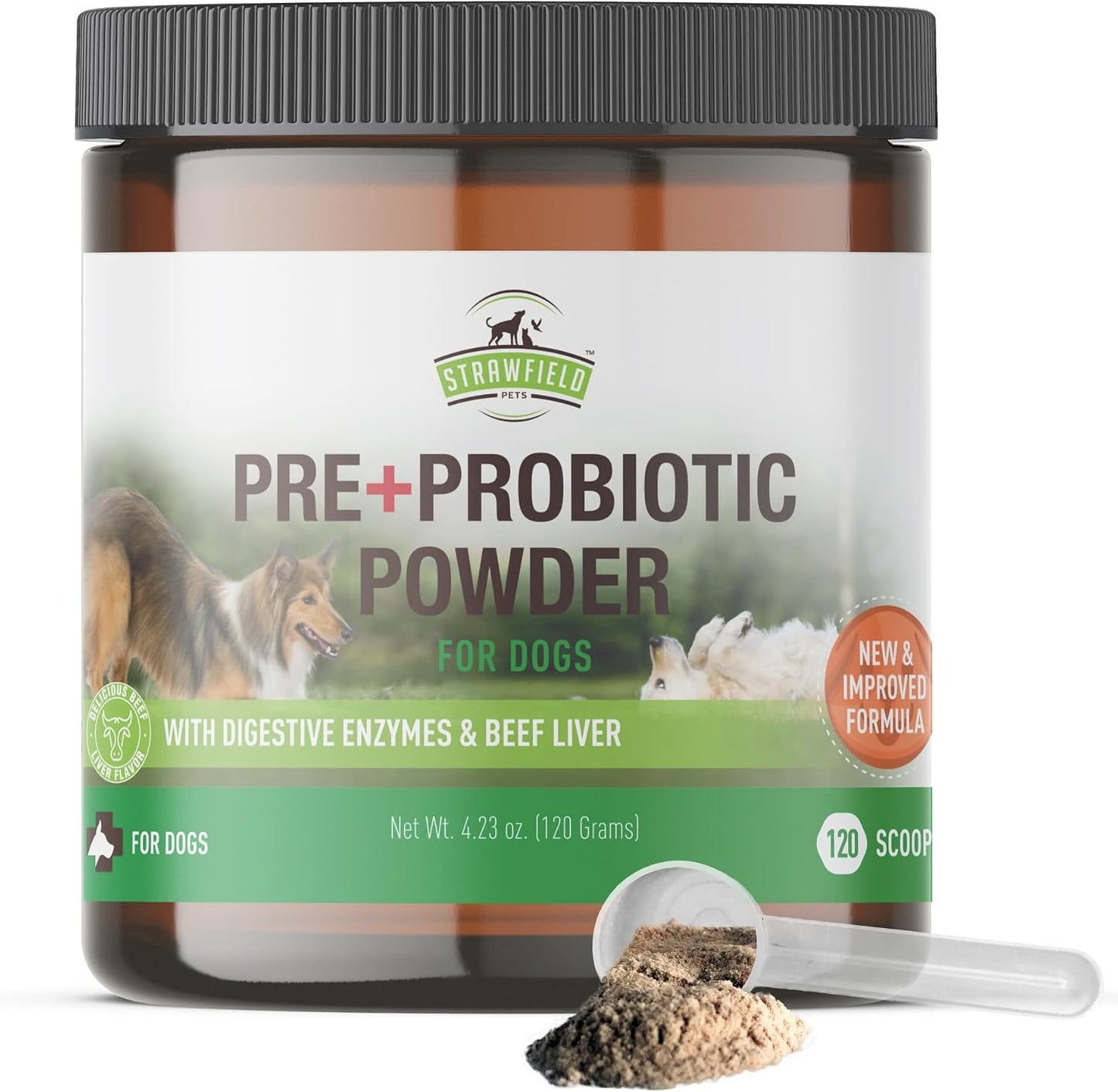 Strawfield Pets Pre + Probiotic Powder for Dogs with Digestive Enzymes – Natural Beef Liver Flavour, 120 Scoops - görsel 1