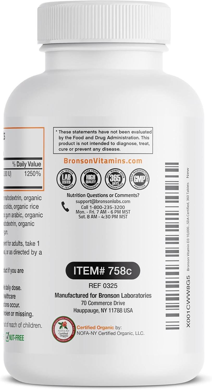Bronson Vitamin D3 10,000 IU (250 mcg) Certified Organic High Potency Non-GMO Food Supplement, 360 Tablets - görsel 6