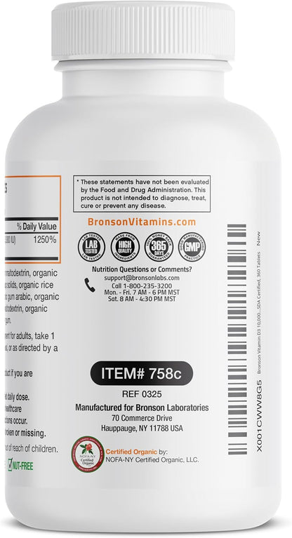 Bronson Vitamin D3 10,000 IU (250 mcg) Certified Organic High Potency Non-GMO Food Supplement, 360 Tablets