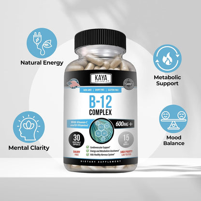 Kaya Naturals B-12 Complex – Multivitamin Supplement for Women and Men, Supports Normal Energy and Metabolism with Biotin, Choline, Inositol, Folate, and Vitamin C – 30 Capsules