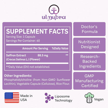 Liposomal Saffron Supplements 88.5 mg, Maximum Absorption, 100% Pure Saffron Extract Capsules for Mood, Energy, Vision and Focus - 60 Vegan Capsules