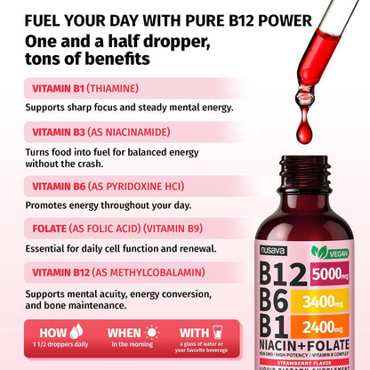 NUSAVA Vitamin B12 Liquid Drops 5000mcg - B-Complex with B6 and B1 - Sublingual Methylcobalamin, Vegan, Non-GM, Strawberry Flavour (2 Pack)