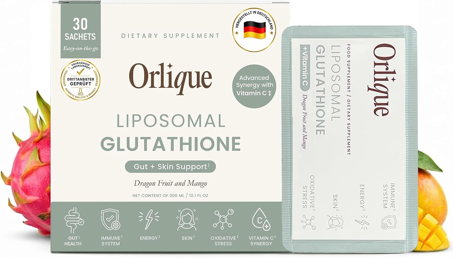 Orlique Liposomal Glutathione Supplement with Vitamin C, Mango Dragon Fruit, 30 Sachets - görsel 1