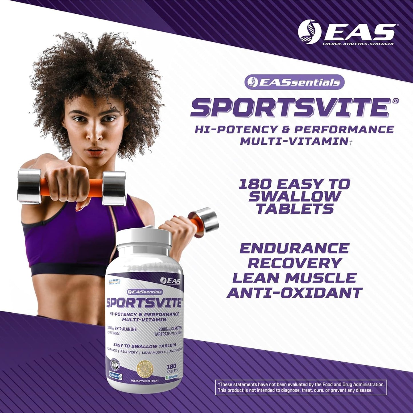 EAS SportsVite High Potency Multivitamin for Athletes | Vitamin & Mineral Nutrient Blend | 2300mg Beta Alanine, 2000mg Carnitine Tartrate | 180 Tablets - görsel 3