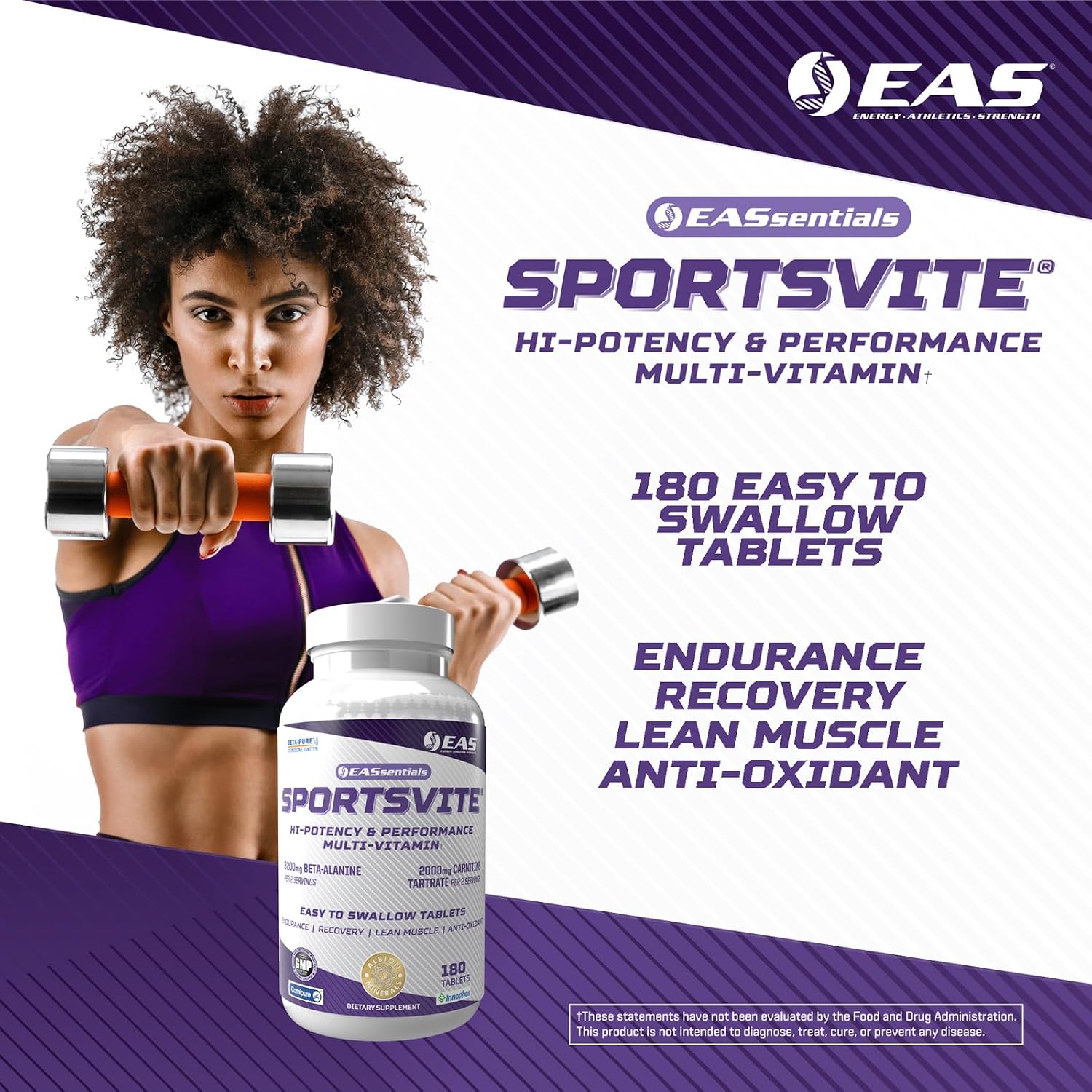 EAS SportsVite High Potency Multivitamin for Athletes | Vitamin & Mineral Nutrient Blend | 2300mg Beta Alanine, 2000mg Carnitine Tartrate | 180 Tablets - görsel 3