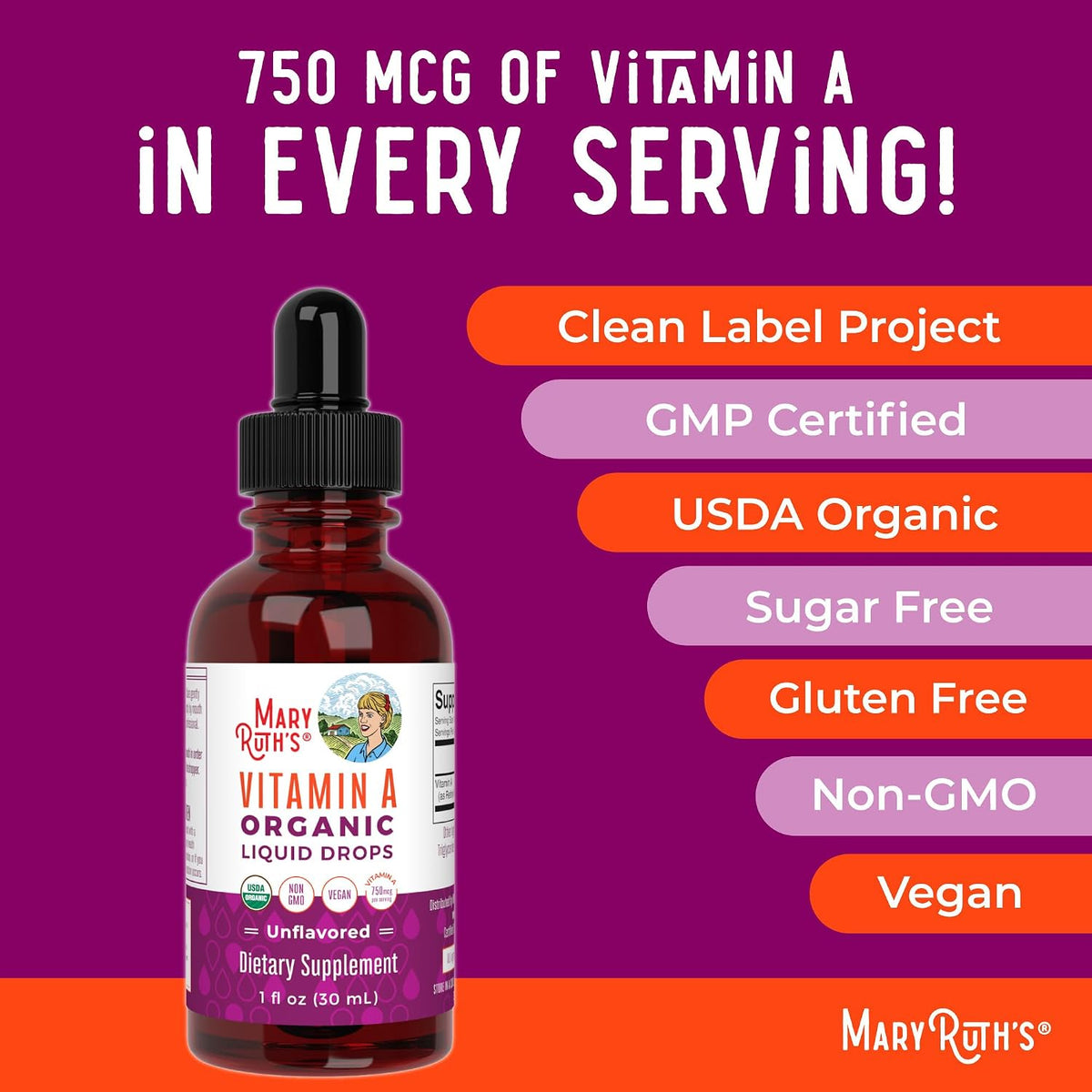 MARYRUTH'S Organics USDA Organic Vitamin A Liquid Drops, 1 oz - görsel 7