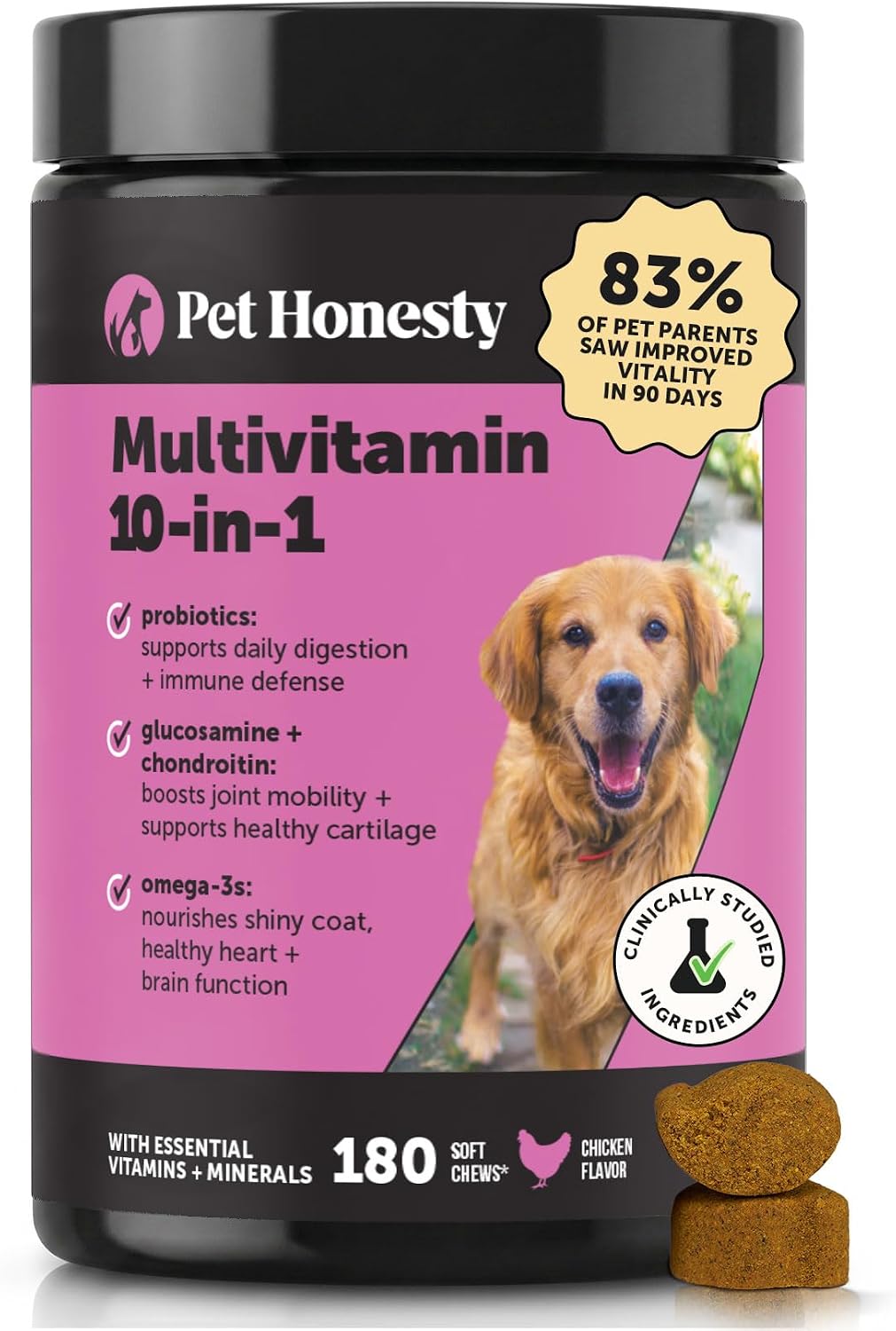 10-in-1 Dog Multivitamin Supplement with Glucosamine and Probiotics - Hip and Joint Support, Digestive Health, Immune Support, Heart and Skin - All-in-One Daily Vitamins and Omega-3s for Dogs (Chicken Flavour, 180 Chews) - görsel 1