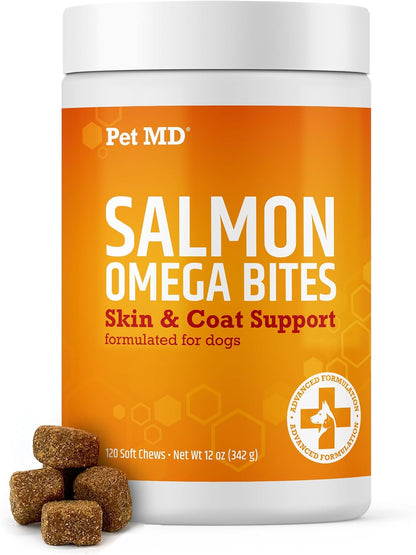 Pet MD Salmon Omega Bites for Dogs - Skin and Coat Supplement with Omega-3 and 6 and DHA and EPA - 60 Count