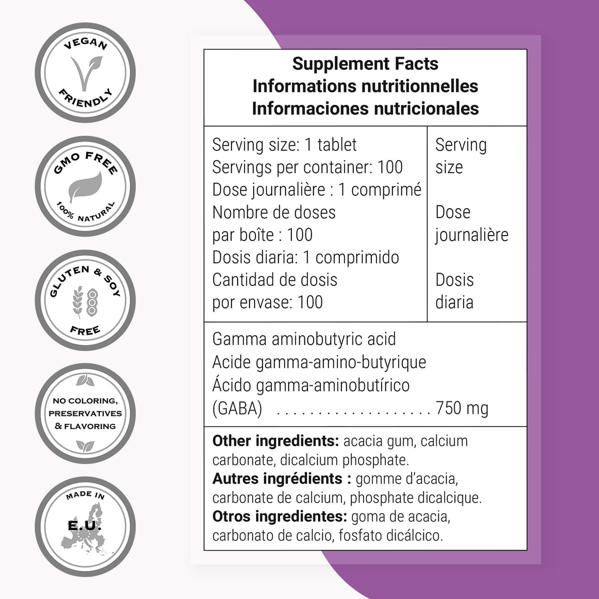 Supersmart - GABA 750mg per Day (High Strength) - Gamma-Aminobutyric Acid Supplement | Non-GM & Gluten-free - 100 Tablets - görsel 4