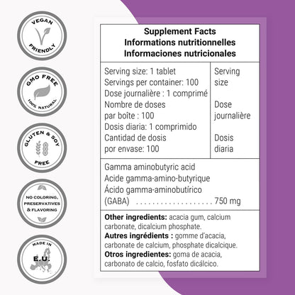 Supersmart - GABA 750mg per Day (High Strength) - Gamma-Aminobutyric Acid Supplement | Non-GM & Gluten-free - 100 Tablets