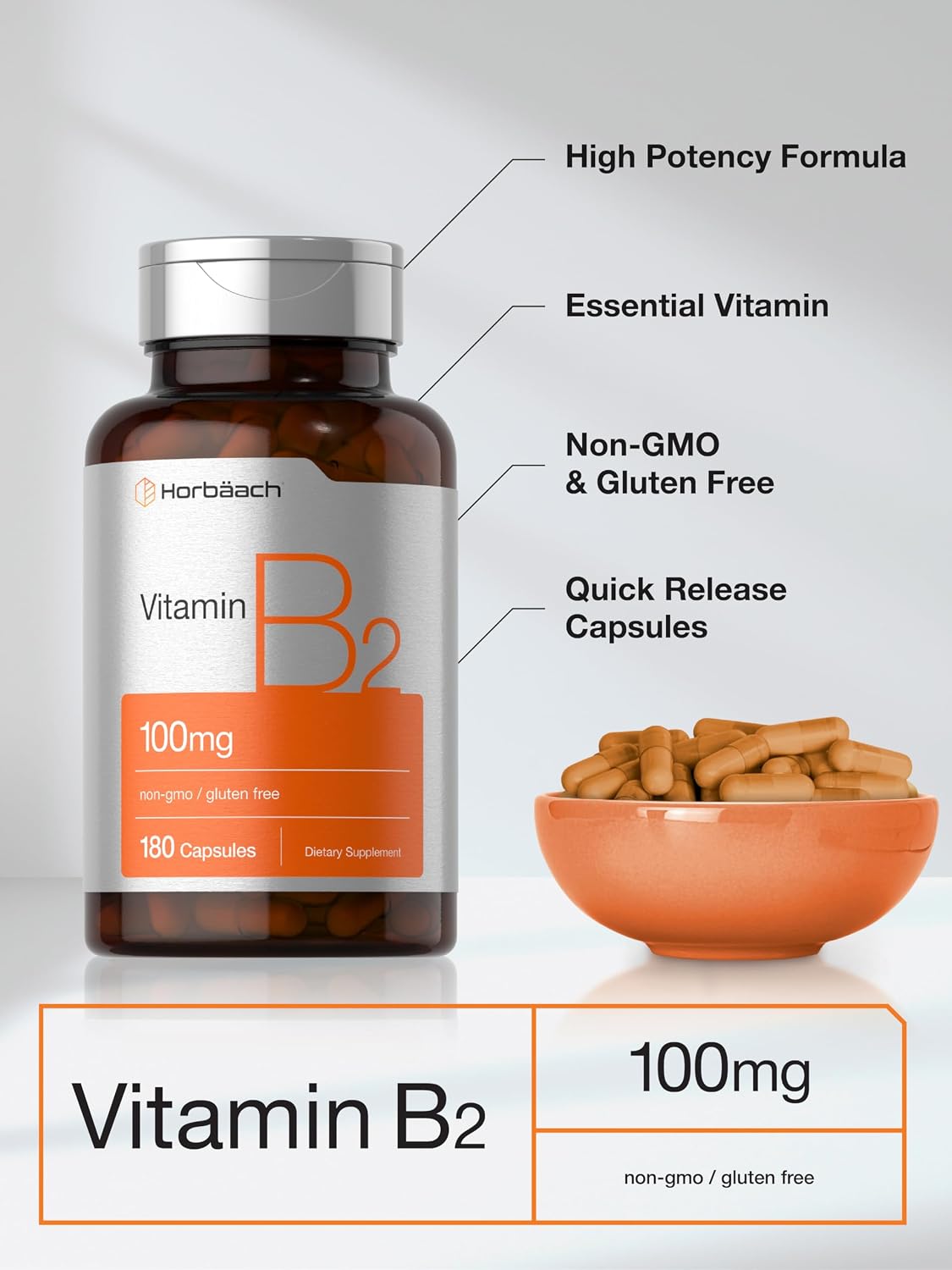 Horbäach Vitamin B2 100 mg, 180 Capsules - Riboflavin Supplement, Non-GMO & Gluten-free - görsel 4