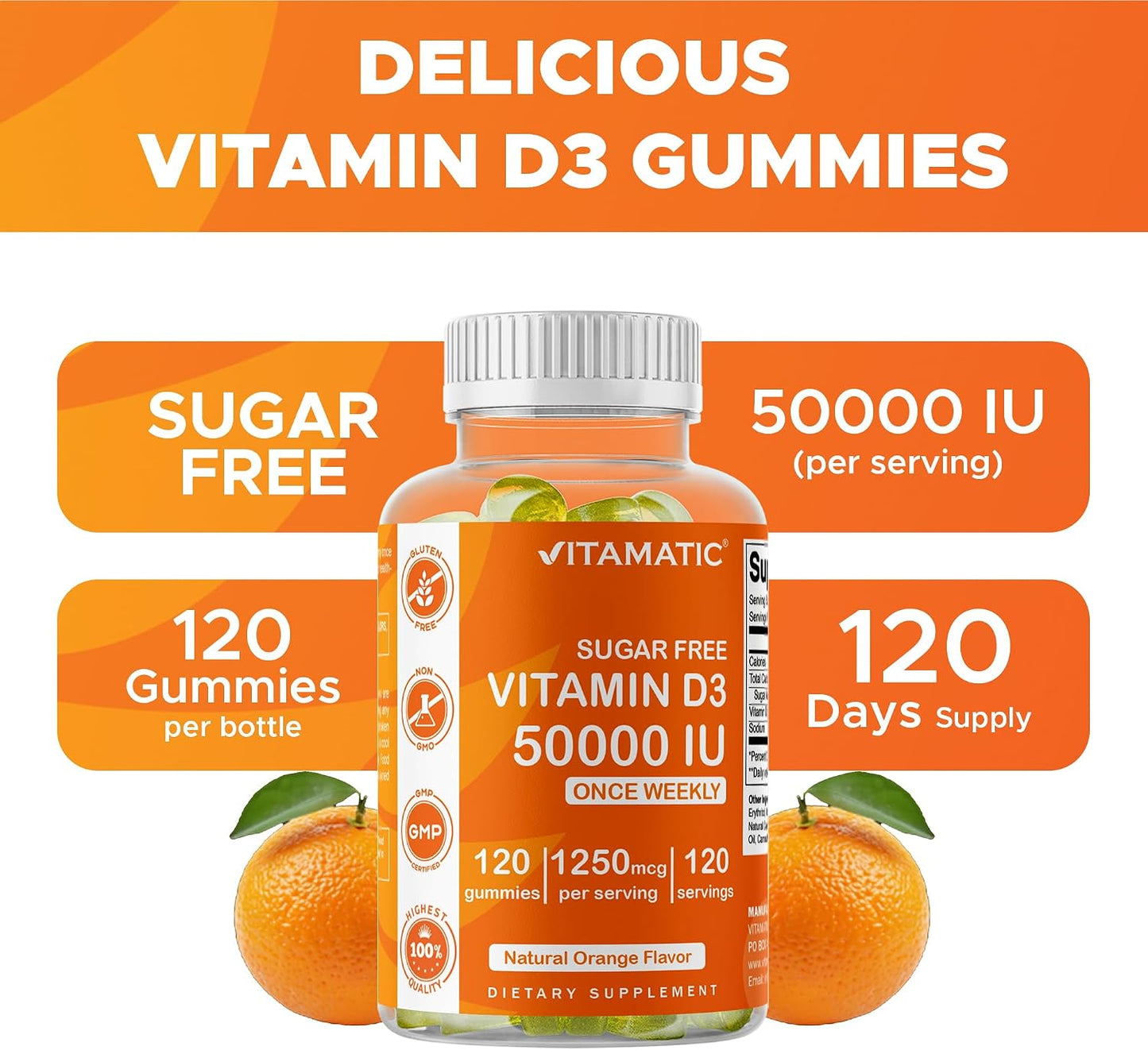 Vitamatic Sugar Free Vitamin D3 50,000 IU Weekly Supplement - 120 Pectin Based Gummies - görsel 6