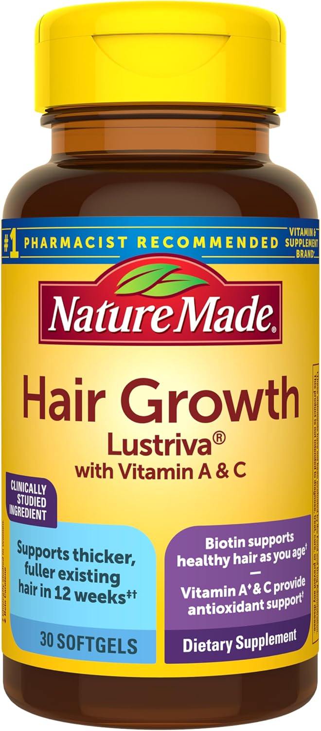 Nature Made Hair Growth Soft gel capsules – With Clinically Studied Lustriva, Biotin, Vitamin C & A, 30 Soft gel capsules - görsel 1