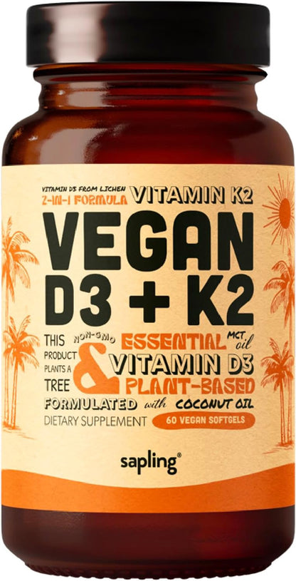 sapling Vegan Vitamin D3 + K2 Food Supplement – 4000 IU Vitamin D, 100mcg Vitamin K2 (MK-7) with MCT Oil – 60 Softgels