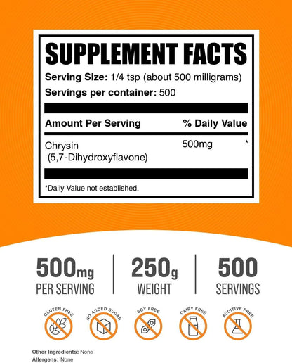 BulkSupplements.com Chrysin Powder – 5,7-Dihydroxyflavone Supplement, 500mg per Serving, 250g