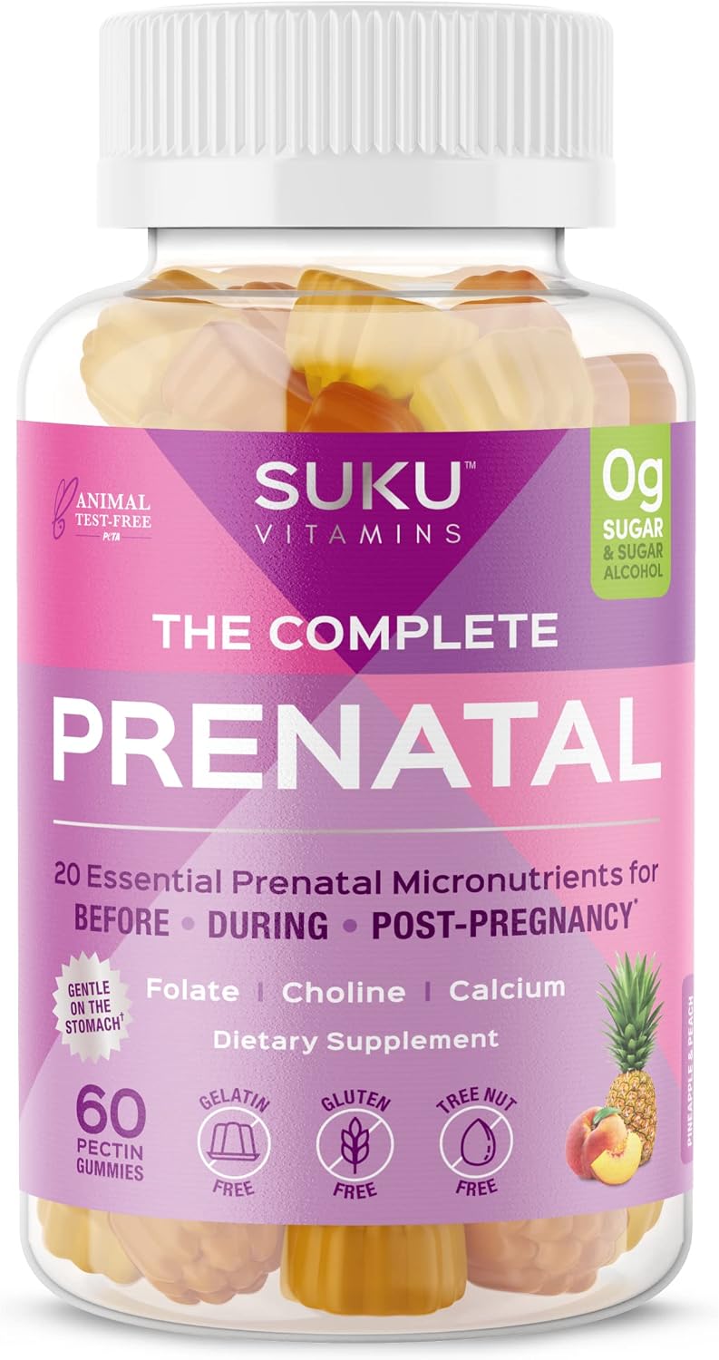 SUKU Prenatal Multivitamin Gummies – Folate, Calcium, Vitamin D3, B12, K2 – Sugar-Free, Vegetarian, Gluten-Free – Pineapple Peach – 60 Count - görsel 1