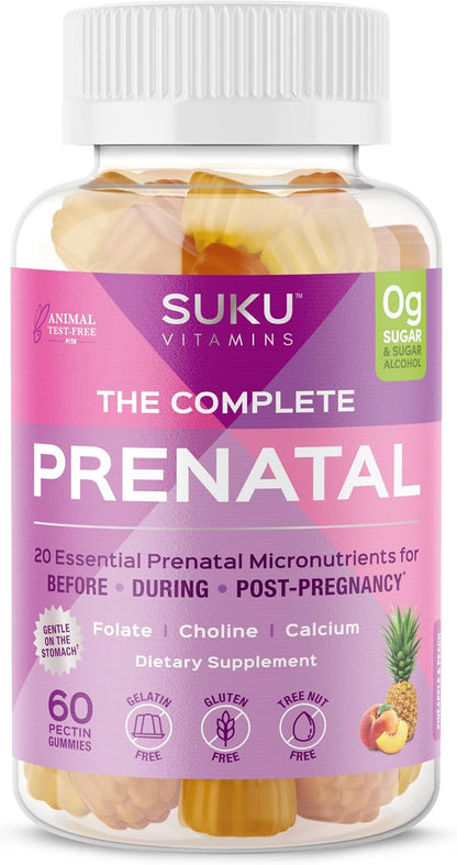SUKU Prenatal Multivitamin Gummies – Folate, Calcium, Vitamin D3, B12, K2 – Sugar-Free, Vegetarian, Gluten-Free – Pineapple Peach – 60 Count