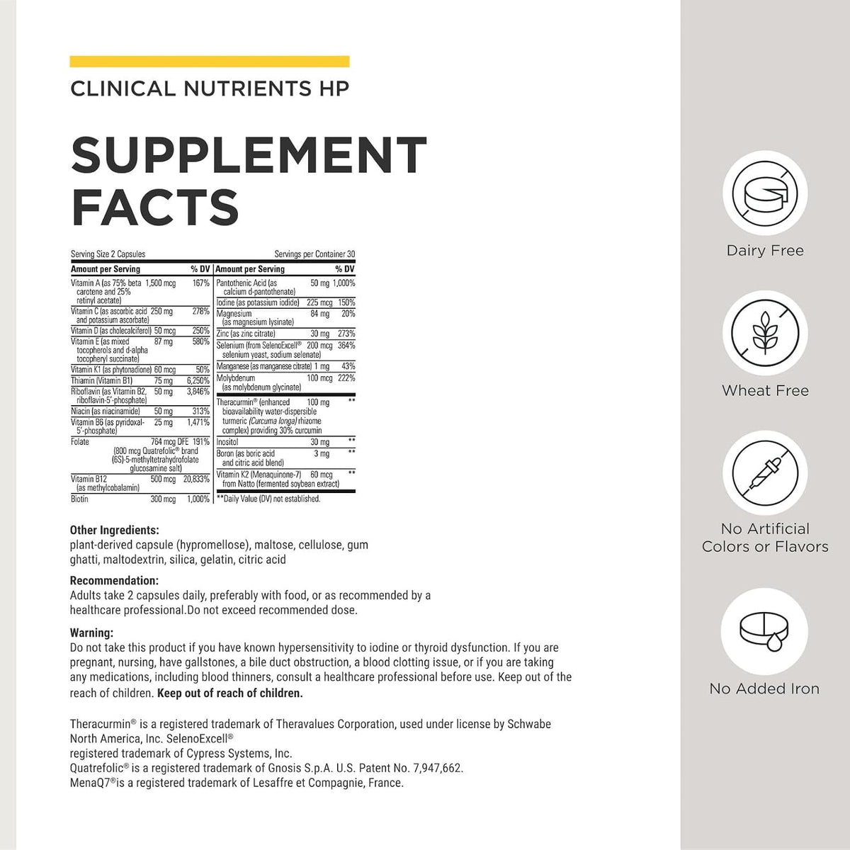 Integrative Therapeutics Clinical Nutrients HP - Daily Multivitamin with Antioxidant Support, No Added Iron - 60 Tablets – Image 3