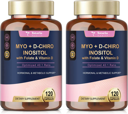 Totaria Inositol Food Supplement for Women with Vitamin D3 and Folate - 40:1 Ratio Myo-Inositol and D-Chiro Inositol Complex - Vitamin B8 Capsules (Pack of 2)