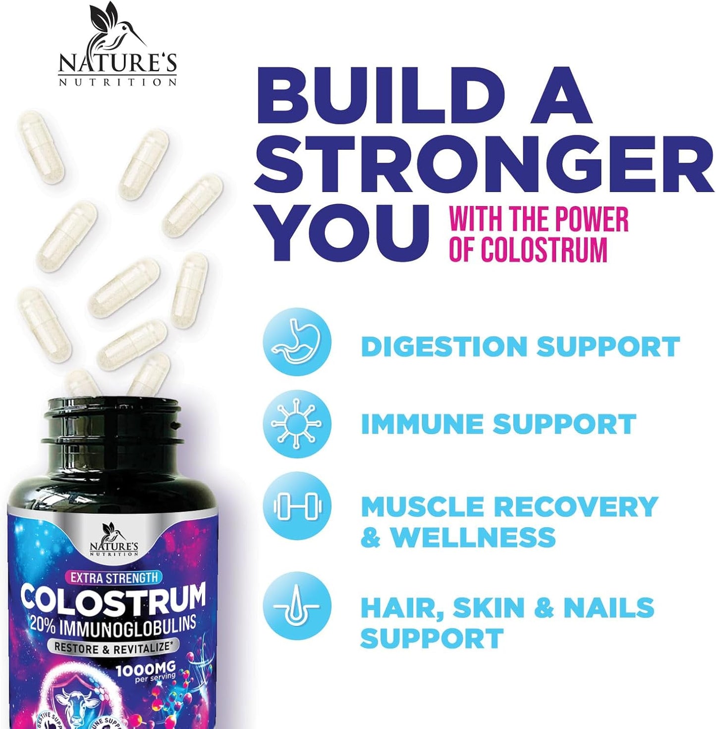 Colostrum Supplement 1000mg Per Serving – Max Strength 20% Immunoglobulins for Gut & Immune Support – Natural Bovine Powder for Muscle, Skin & Hair Support – Unflavoured & Bottled in the USA – 120 Capsules - görsel 5