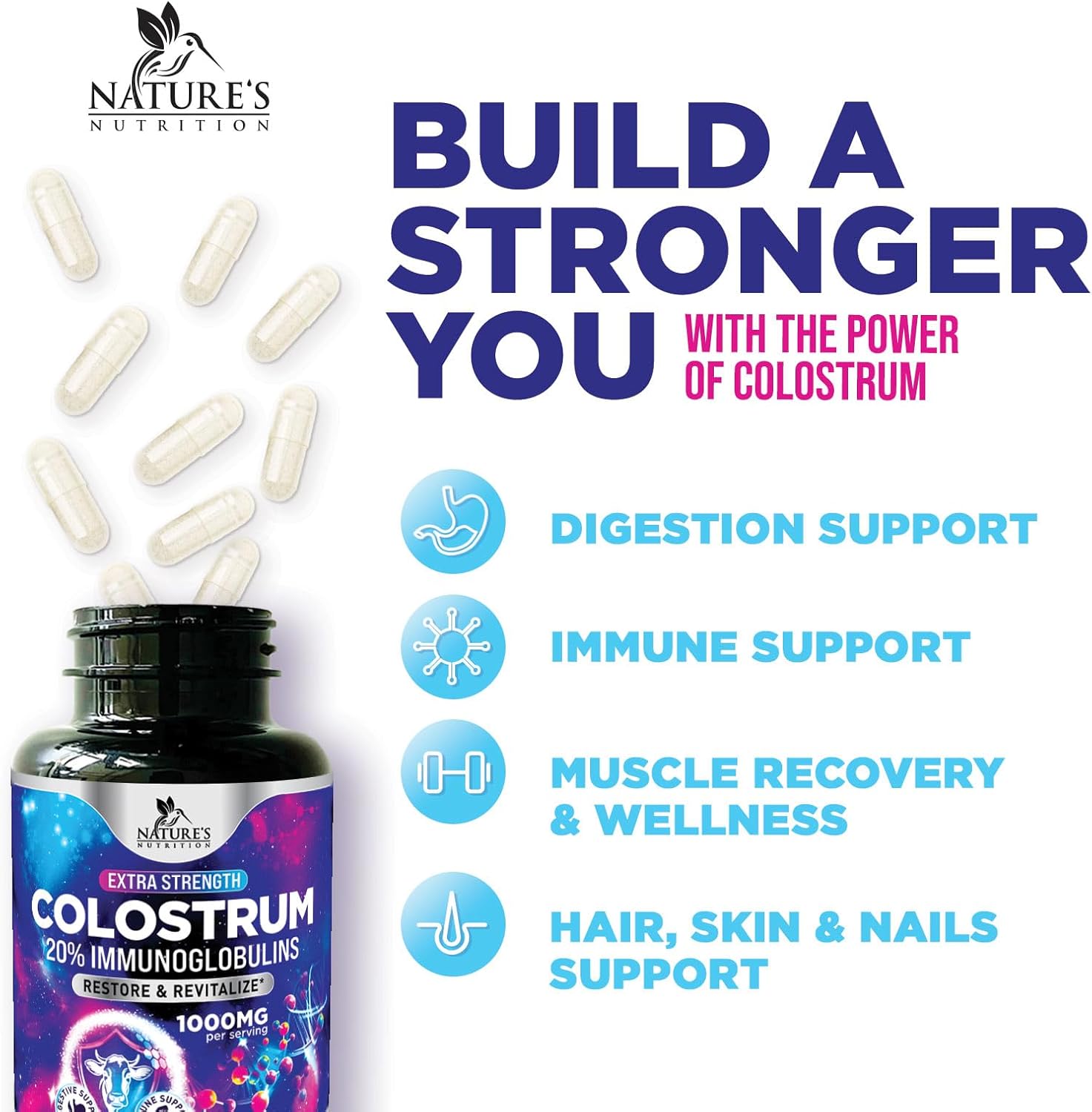 Colostrum Supplement 1000mg Per Serving – Max Strength 20% Immunoglobulins for Gut & Immune Support – Natural Bovine Powder for Muscle, Skin & Hair Support – Unflavoured & Bottled in the USA – 120 Capsules - görsel 5
