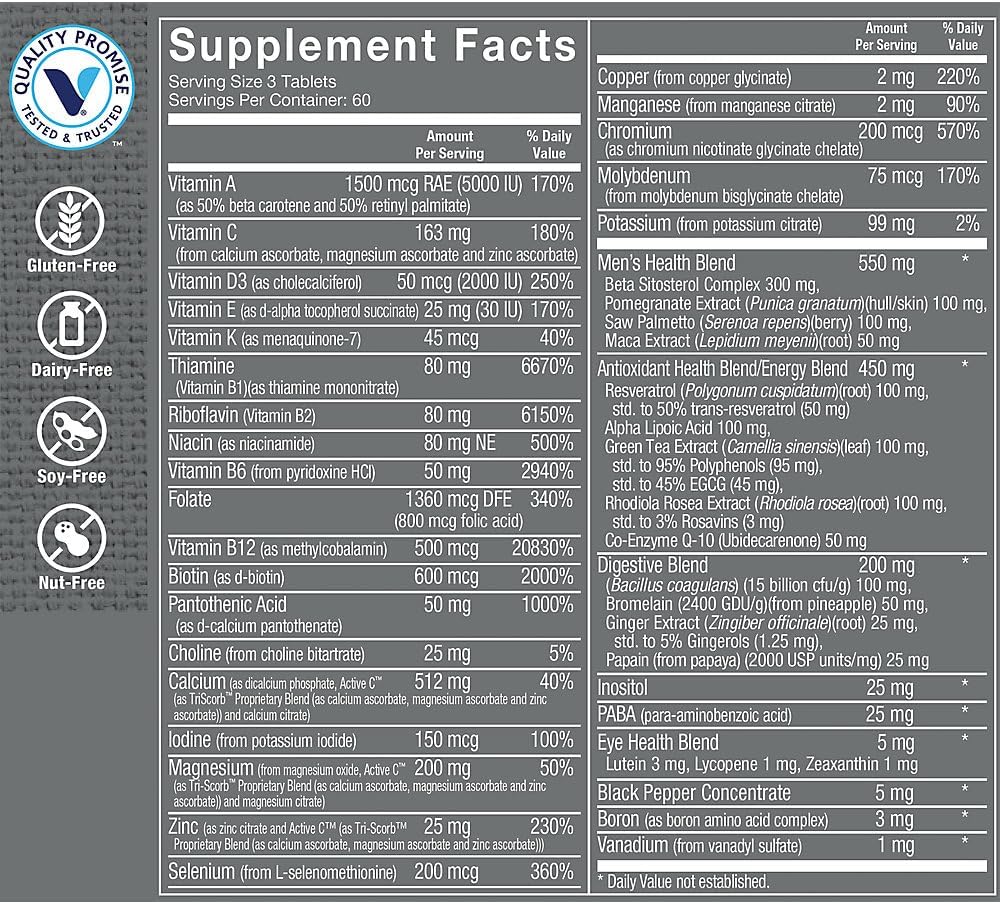The Vitamin Shoppe Ultimate Man Multivitamin - Daily Men's Multivitamin with Key Vitamins & Minerals, Supports Energy and Overall Wellness, Gluten-free, Soya & Dairy-free, 180 Tablets - görsel 3