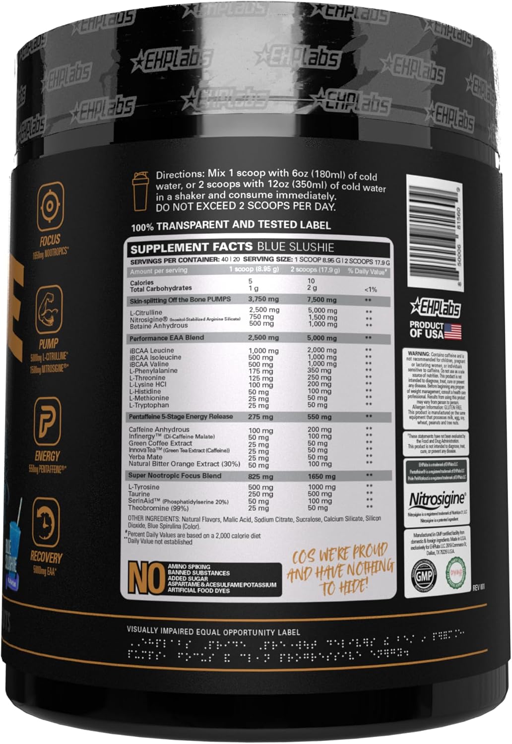 EHP Labs Pride Pre Workout Powder - Sugar Free Preworkout for Men & Women, 280mg Caffeine, BCAA, Blue Slushie (40 Servings) - görsel 8