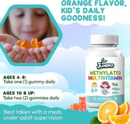Juneno Methylated Multivitamin Gummies for Kids - MTHFR Support with B Complex, 5-MTHF Folate, B12, Vitamins A C D3 E - Vegan, Gluten-free, Sugar-Free