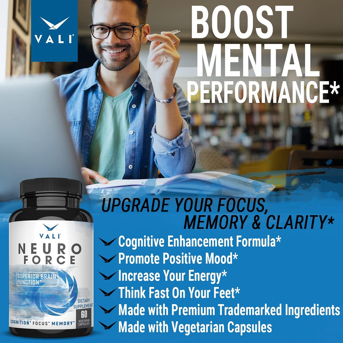 VALI Neuro Force Brain Booster Supplement - Nootropic for Focus, Memory, Clarity & Energy - 60 Veggie Capsules - görsel 4