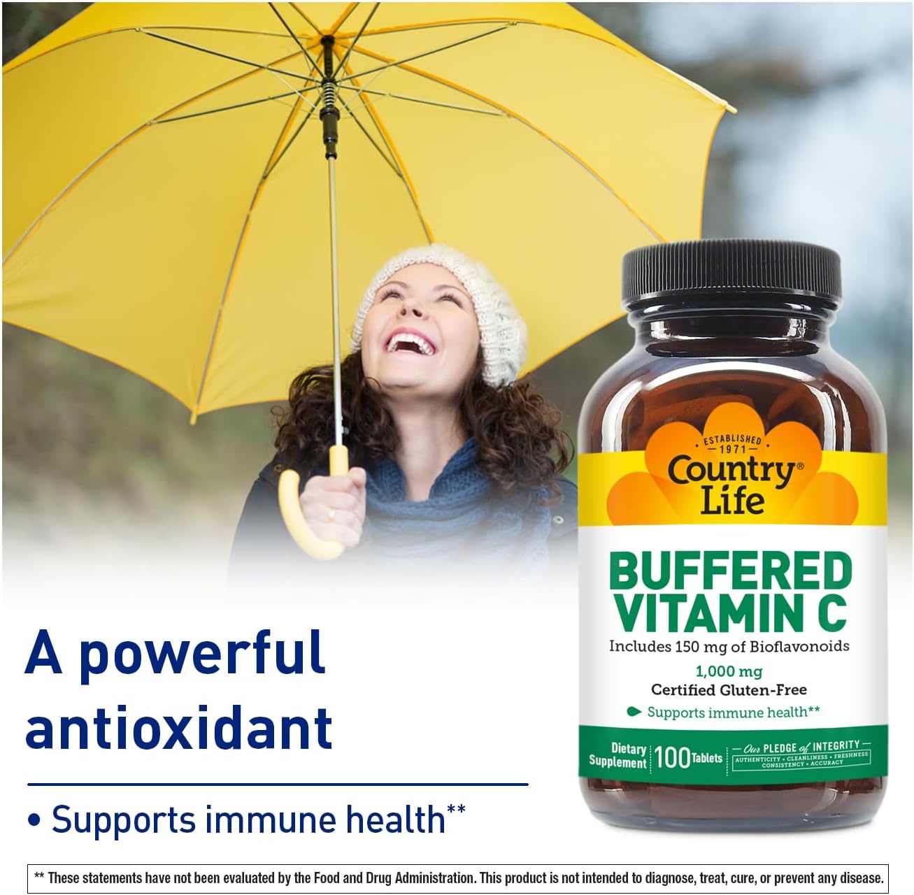 Country Life Buffered Vitamin C 1000mg with Bioflavonoids, Calcium, Magnesium, Potassium - Vegan, Gluten-Free - 100 Tablets - görsel 2