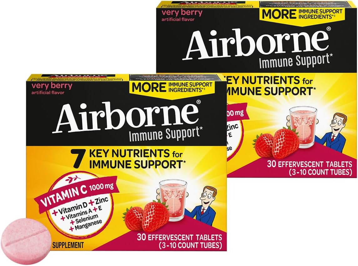 Airborne 1000mg Vitamin C with Vitamin D & Zinc - Sugar Free Effervescent Tablets for Immune Support, Very Berry Flavour with Antioxidants A, C, E - 30 Tablets (Pack of 2) - görsel 1