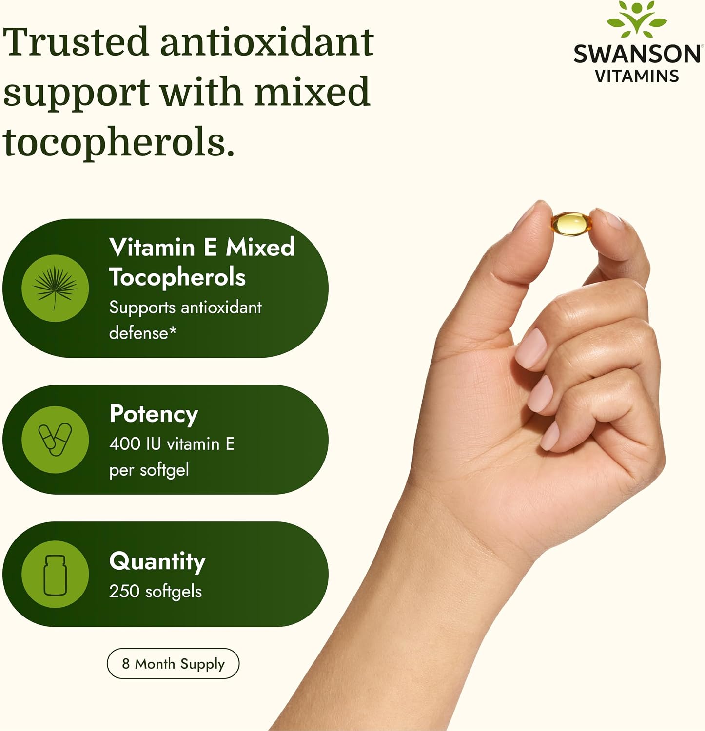 Swanson E-400 Mixed Tocopherols - Antioxidant Food Supplement to Support Heart Health* - Contains D-Alpha Tocopherol - Non-GMO - 250 Softgels - görsel 3