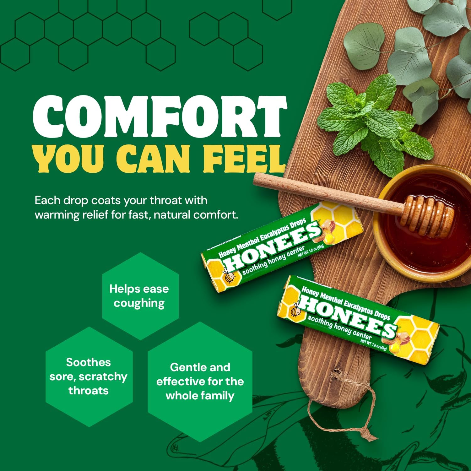 Honees Filled Menthol Cough Drops - Honey, Menthol & Eucalyptus - Natural Sore Throat Relief (6 Pack, 54 Drops) - görsel 6