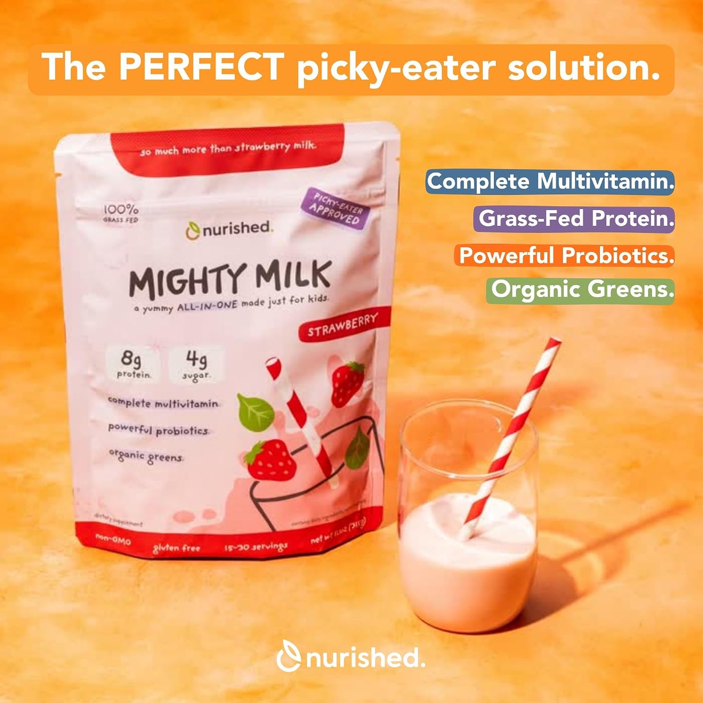 Nurished Mighty Strawberry Milk – Kids' All-in-One Daily Protein Powder & Multivitamin with Probiotics – 15-30 Servings - görsel 3