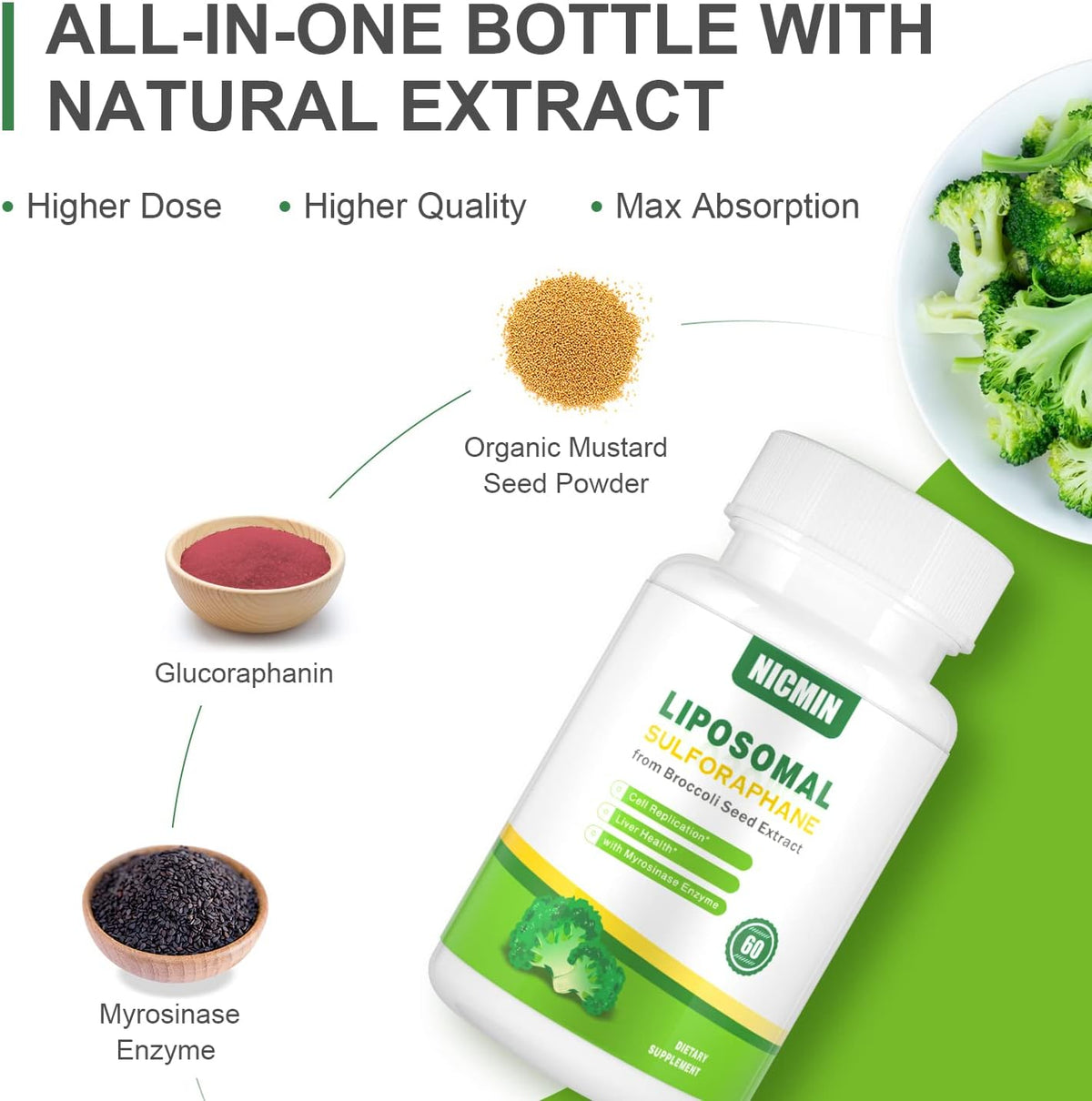 550mg Liposomal Sulforaphane from Broccoli Sprouts + Broccoli Seed with 250mg Glucoraphanin - 60 Capsules - görsel 3