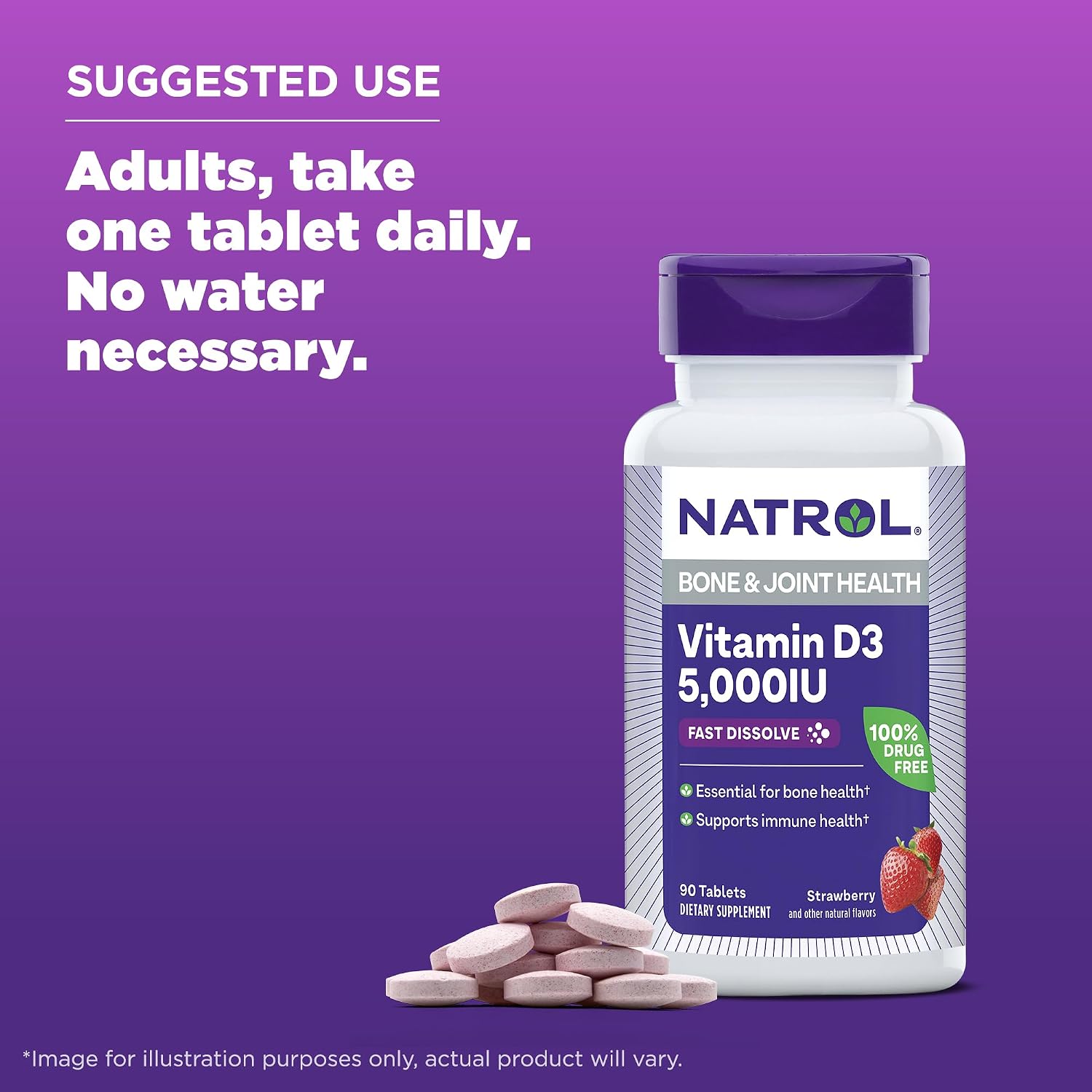 Natrol Vitamin D3 5,000 IU Fast Dissolve Tablets, Bone & Joint Health, 90 Count - görsel 5