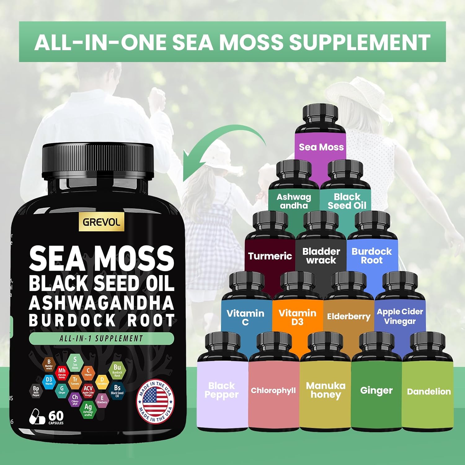 Sea Moss Black Seed Oil Ashwagandha Bladderwrack Burdock Root Turmeric & Vitamin C D3 Elderberry ACV Black Pepper - Multimineral Supplement - 60 Capsules - görsel 2