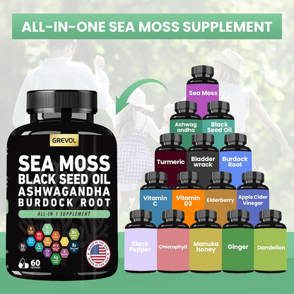 Sea Moss Black Seed Oil Ashwagandha Bladderwrack Burdock Root Turmeric & Vitamin C D3 Elderberry ACV Black Pepper - Multimineral Supplement - 60 Capsules