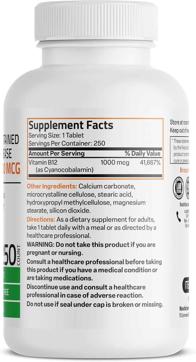 Bronson Vitamin B12 1000 mcg Sustained Release Tablets – Non-GMO, Vegan, 250 Count - görsel 2