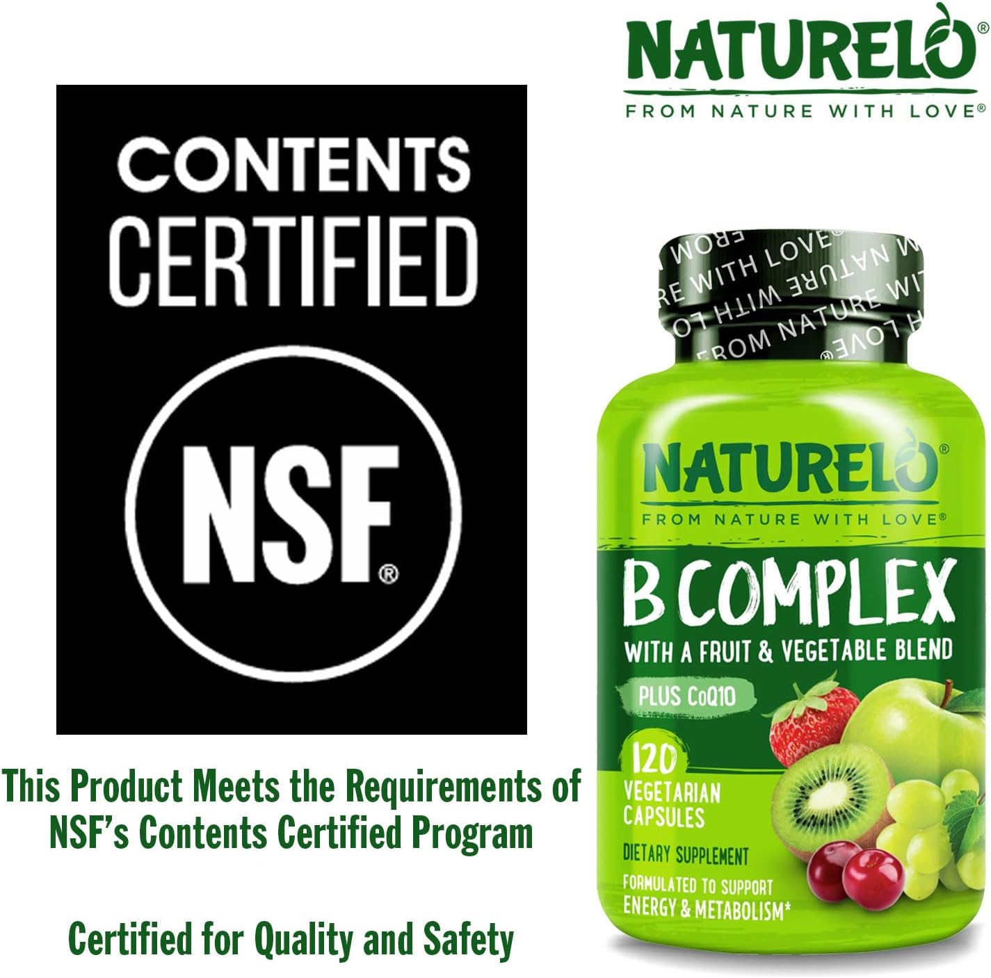 NATURELO Vitamin B Complex – Vegan, Methylated B Vitamins with CoQ10 & Fruit & Veg Blend, 120 Capsules - görsel 5