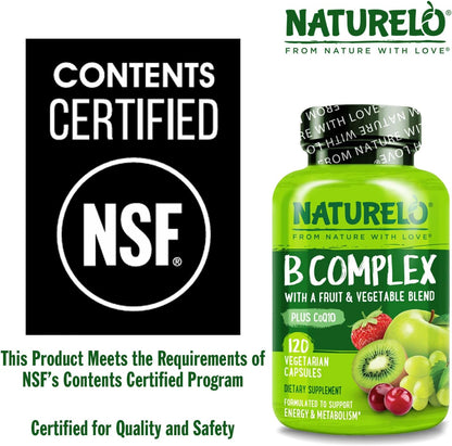 NATURELO Vitamin B Complex – Vegan, Methylated B Vitamins with CoQ10 & Fruit & Veg Blend, 120 Capsules