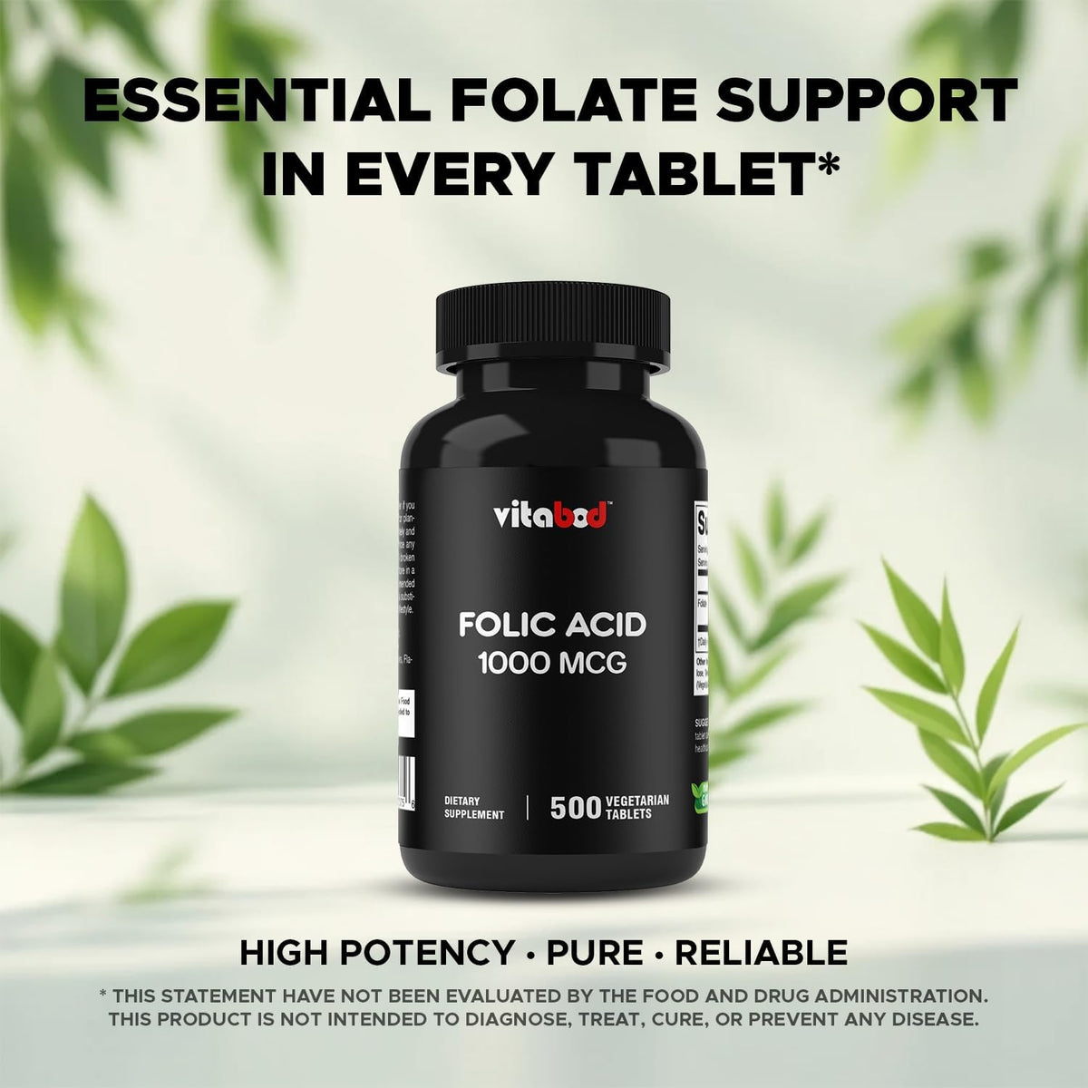 Vitabod Folic Acid 1 mg (1000 mcg) - 500 Vegetarian Tablets - Prenatal and Postnatal Supplement - görsel 6