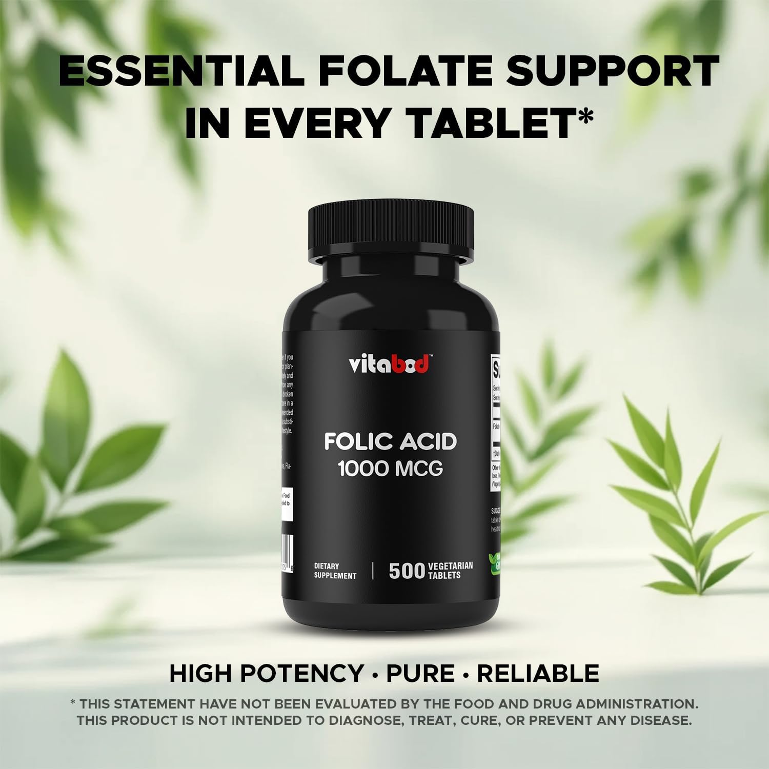 Vitabod Folic Acid 1 mg (1000 mcg) - 500 Vegetarian Tablets - Prenatal and Postnatal Supplement - görsel 6